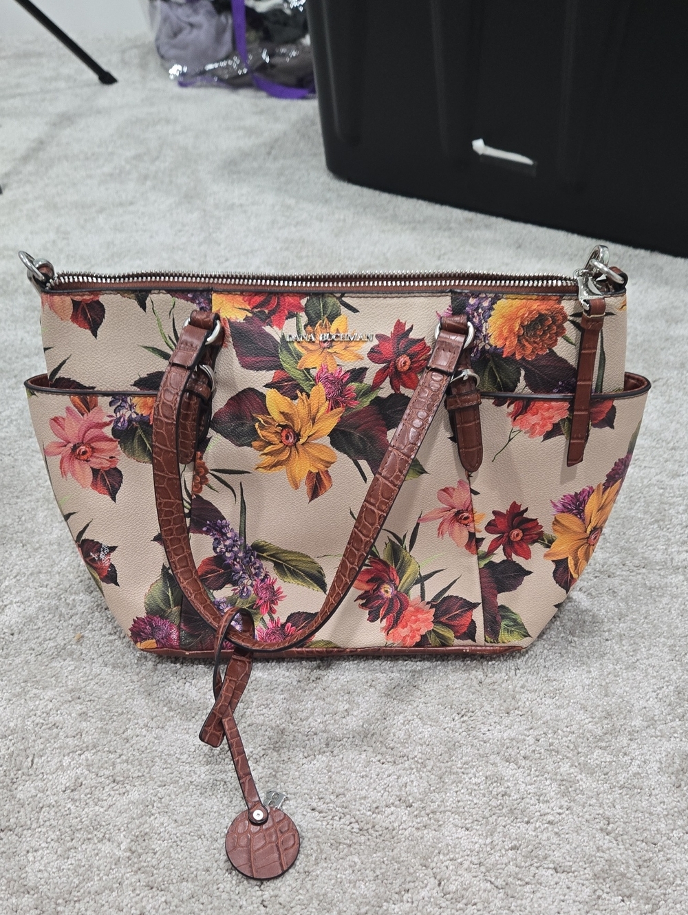 Dana Buchman Beige Floral Tote with Brown Croc-Effect Trim